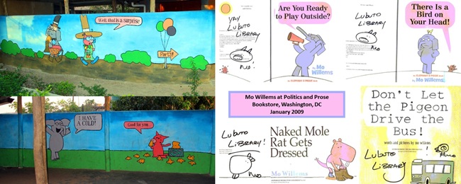 Mural featuring 'Elephant and Piggie' books by Mo Willems